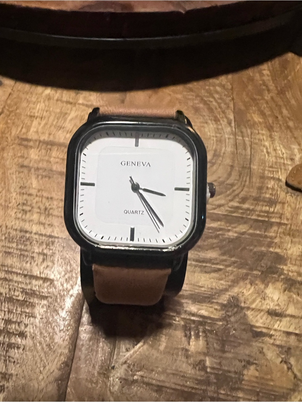 Geneva Black Case White Dial Brown Leather Strap Square Watch